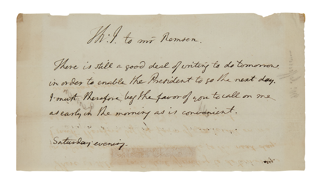 JEFFERSON, THOMAS. Autograph Note Signed, Th:J, in the third person within the text, to [Henry] Remsen: